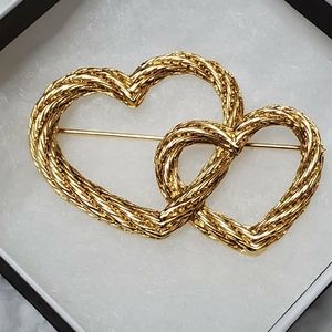 Christian Dior Gold tone Double heart Brooch Pin